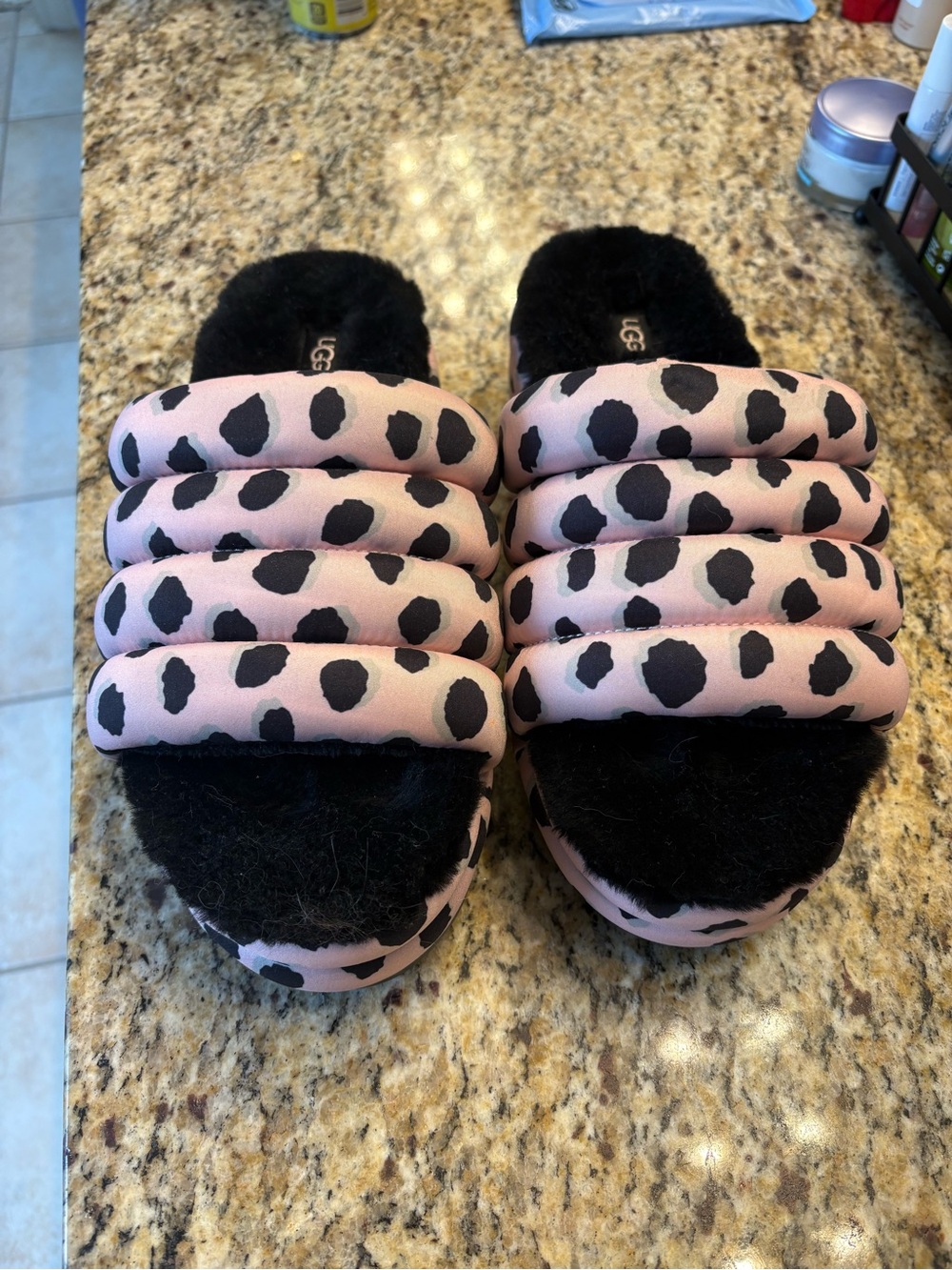 UGG Pink and Black Leopard Puffer Slide Slippers